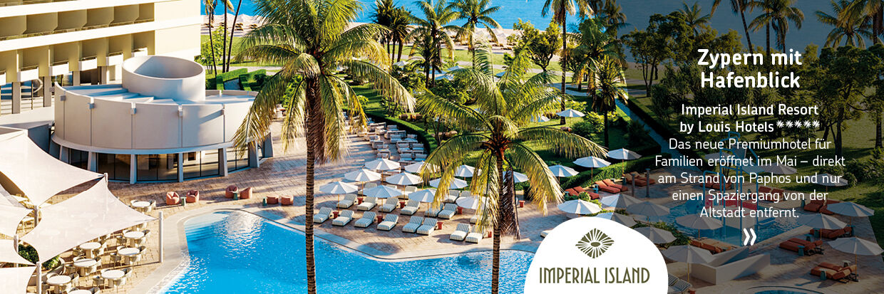 Blick auf einen Hotelpool mit Liegestühlen und Palmen neben einem mehrstöckigen Hotelgebäude