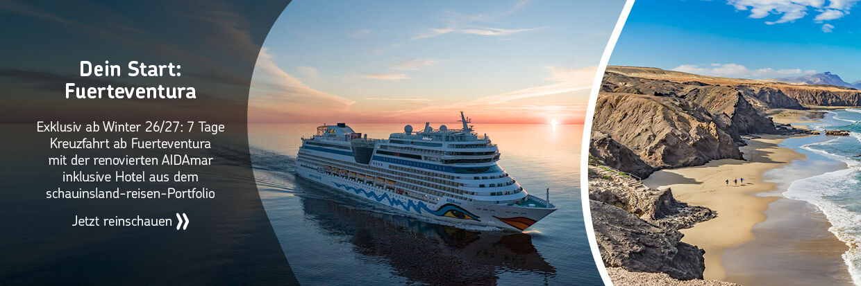 Kreuzfahrtschiff auf ruhigem Meer bei Sonnenuntergang neben felsiger Küstenlandschaft mit Text zu Kreuzfahrtstart auf Fuerteventura