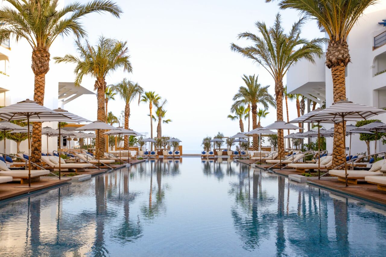 Langer Pool mit Palmen