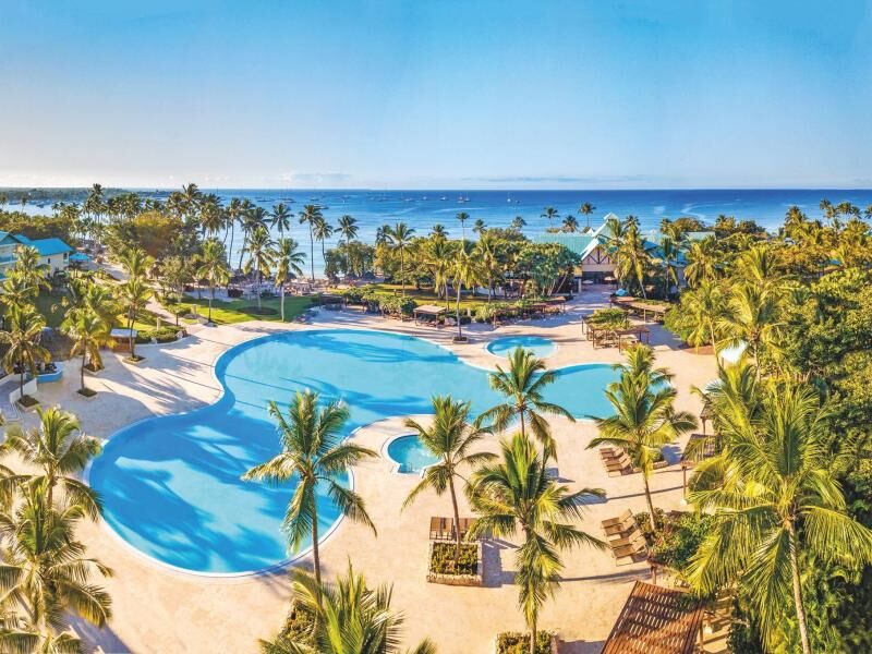 Großer, geschwungener Pool umgeben von Palmen und Liegestühlen